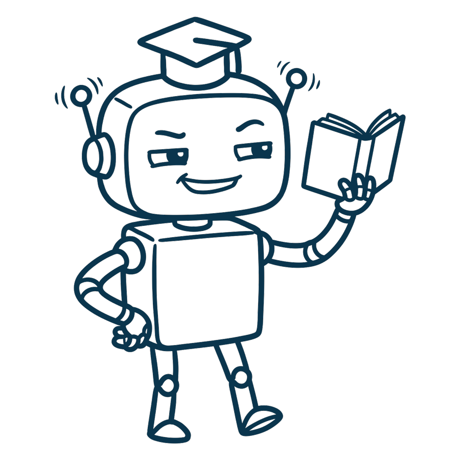 HelpTheBot mascot: a robot in a graduation cap holding a book